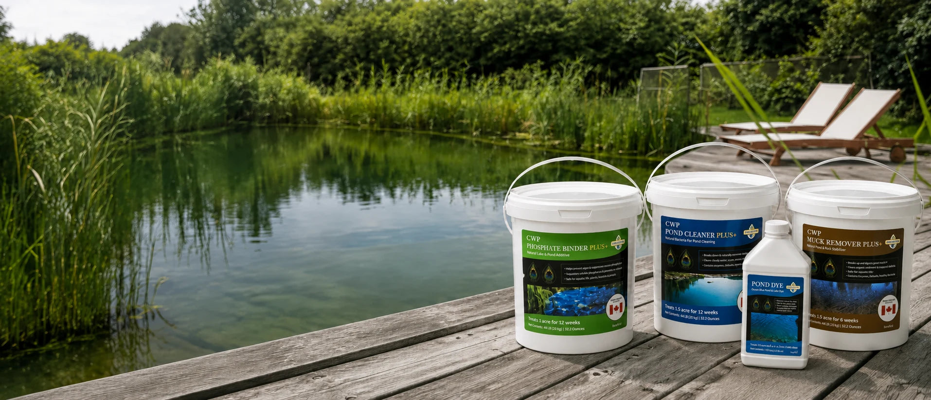 Pond Supply pond treatment products including Phosphate Binder Plus, Pond Cleaner Plus, Pond Dye, and Muck Remover Plus beside a clear backyard pond.