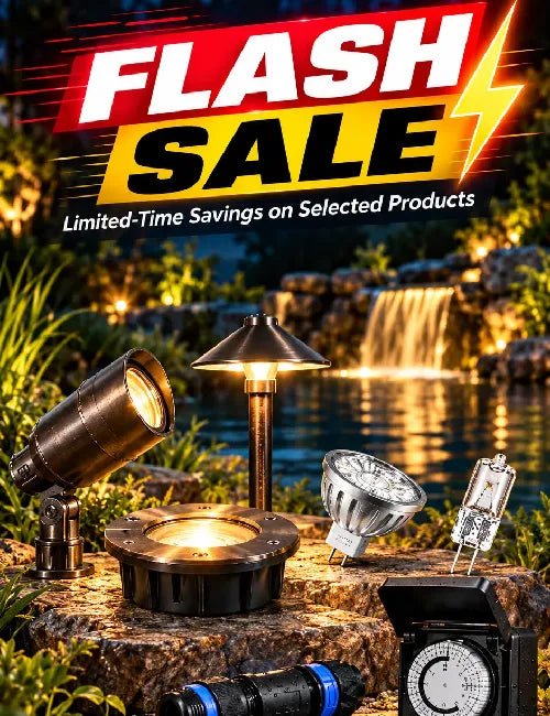 Flash sale mobile banner showing outdoor pond lighting products arranged in front of a lit water feature, with bold “Flash Sale” text and selected lighting accessories on display.