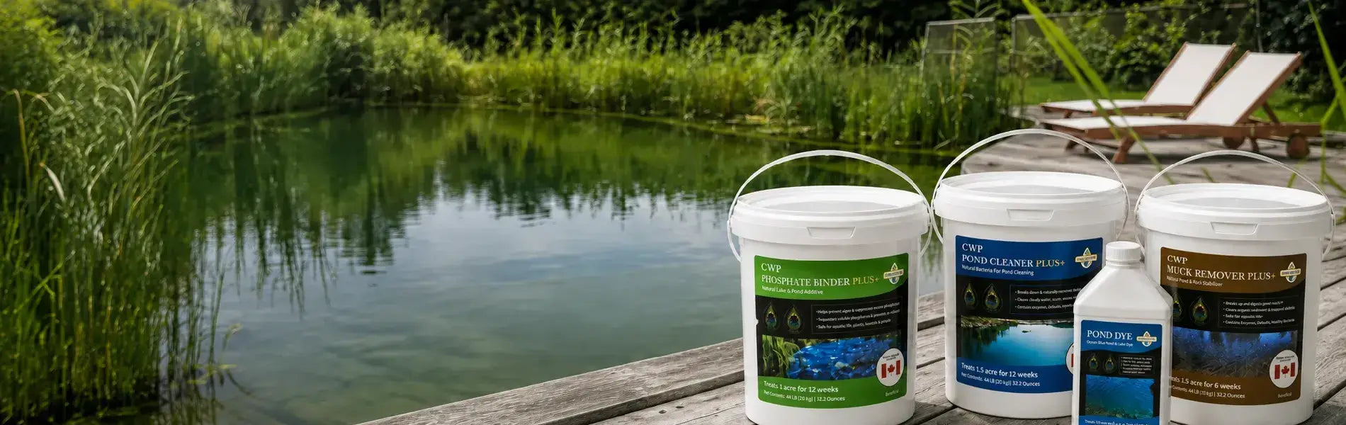 Pond Supply pond treatment products including Phosphate Binder Plus, Pond Cleaner Plus, Pond Dye, and Muck Remover Plus beside a clear backyard pond.